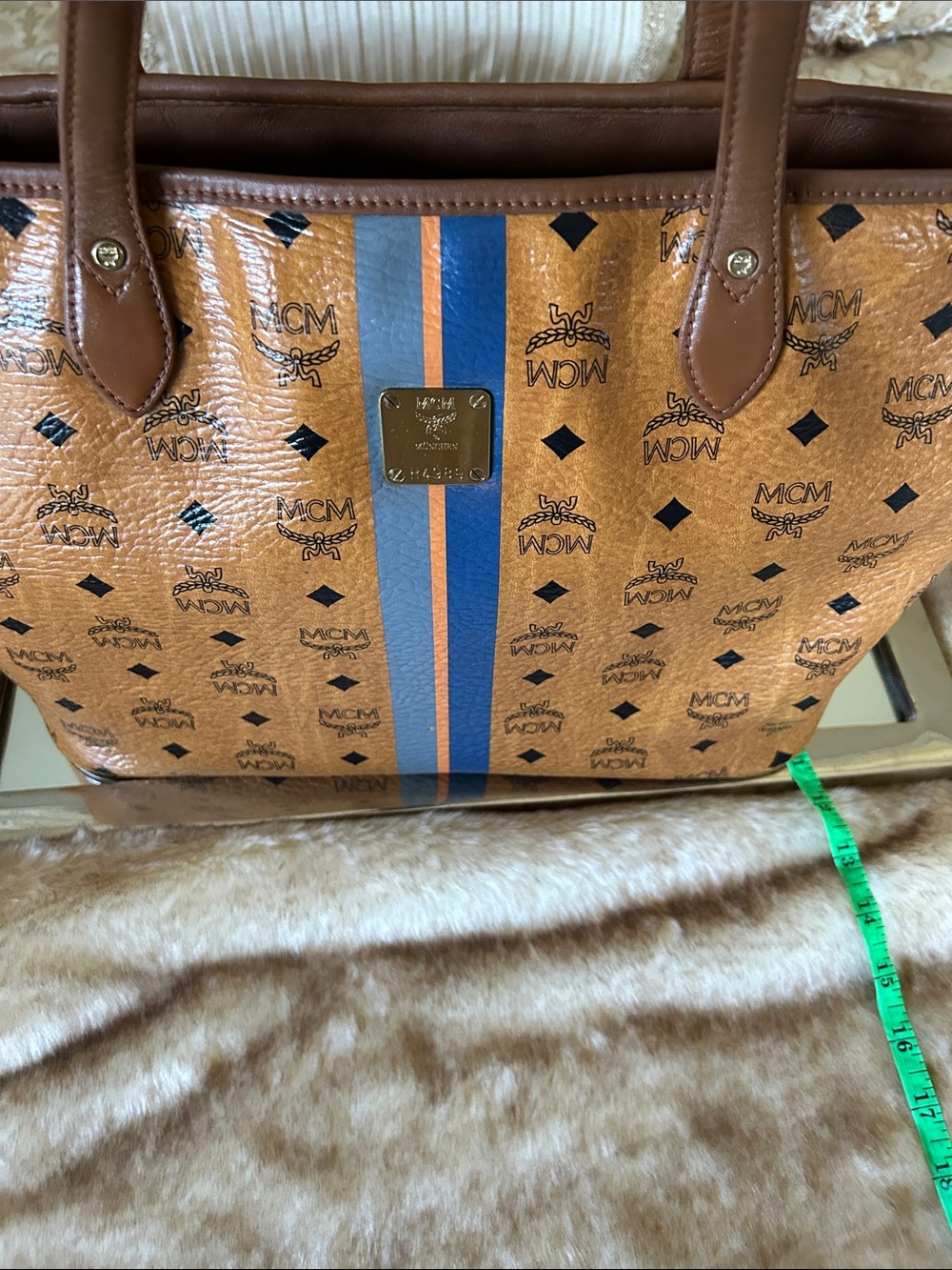 MCM Cognac Logo Tote with Blue and Orange Center Stripe